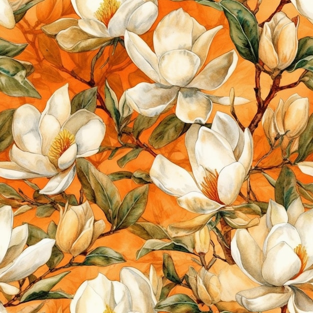 Un patrón impecable con magnolias sobre un fondo naranja.