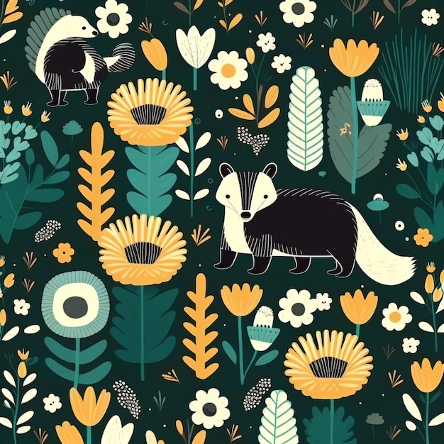Un patrón impecable con un mapache y flores.