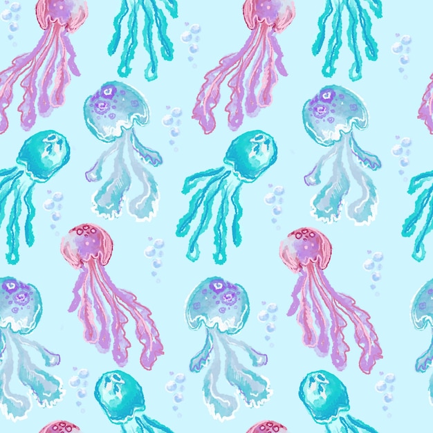 Un patrón impecable de medusas y medusas sobre un fondo azul.