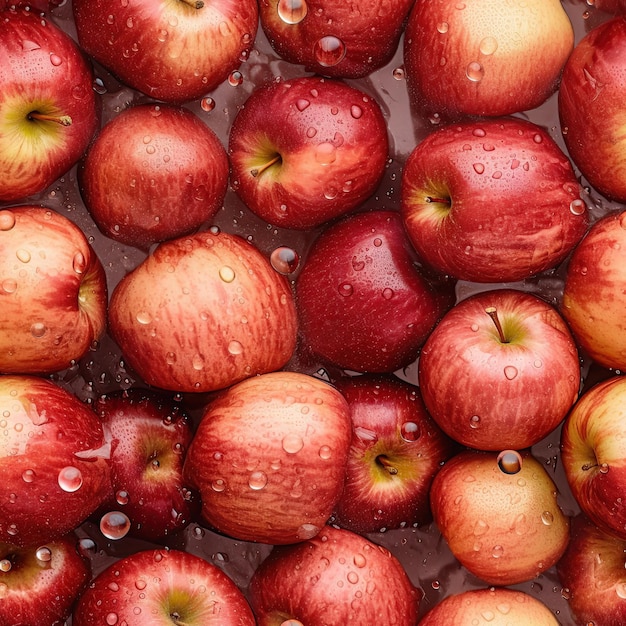 patrón impecable con un montón de manzanas rojas con gotas de agua sobre ellas