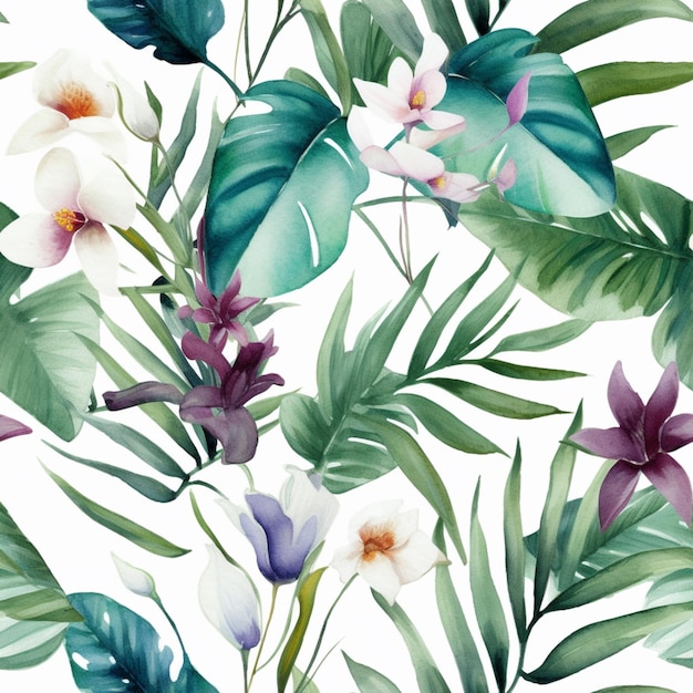 Un patrón impecable con plantas y flores tropicales.