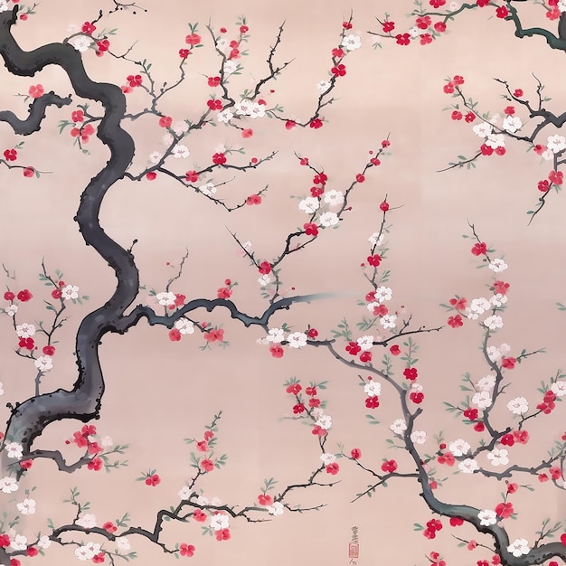 patrón impecable de una rama de flores de cerezo con un pájaro volando en el fondo