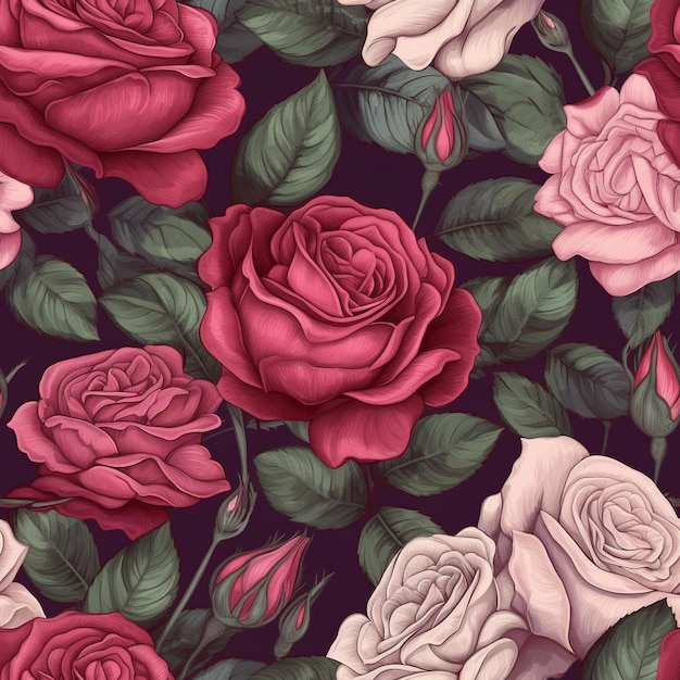 Un patrón impecable de rosas con hojas y flores.