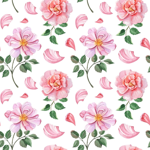 Un patrón impecable con rosas rosadas y hojas verdes sobre un fondo blanco.