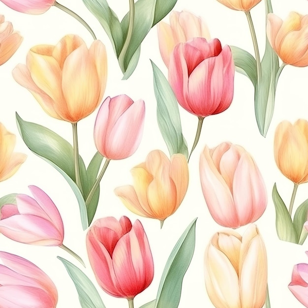 Un patrón impecable de tulipanes con flores amarillas, rosas, naranjas y amarillas sobre un fondo blanco.