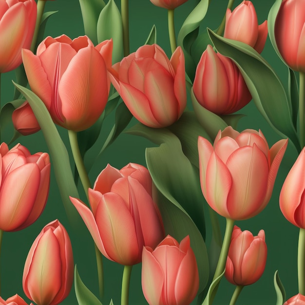 Un patrón impecable de tulipanes con hojas verdes y las palabras tulipanes en la parte inferior.