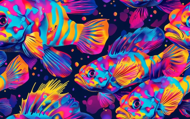 Foto patrón de impresión de pescado mandarín de colores de neón brillantes camuflaje inspirado en la naturaleza