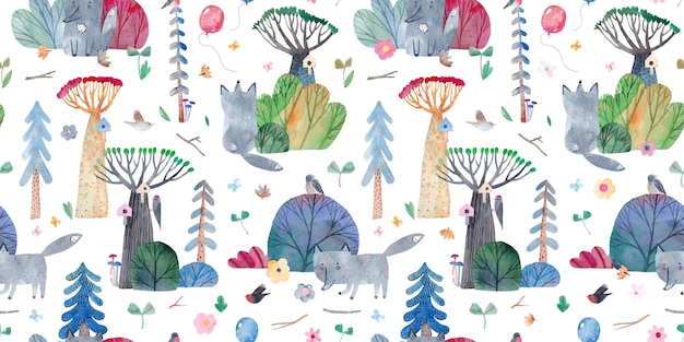 Patrón infantil sin costuras con lindos lobos en un hermoso bosque de verano Ilustración acuarela Estilo infantil Fondo dibujado a mano creativo Paisaje forestal