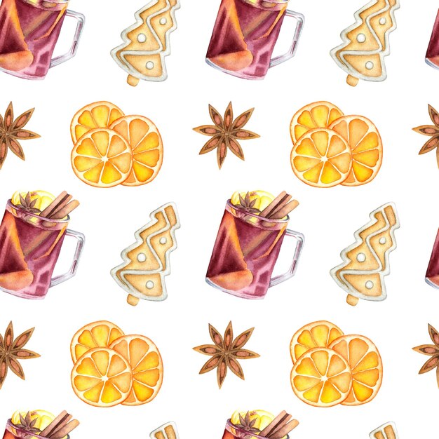 Patrón de invierno de acuarela con un vaso de vino caliente naranjas secas pan de jengibre y anís estrella