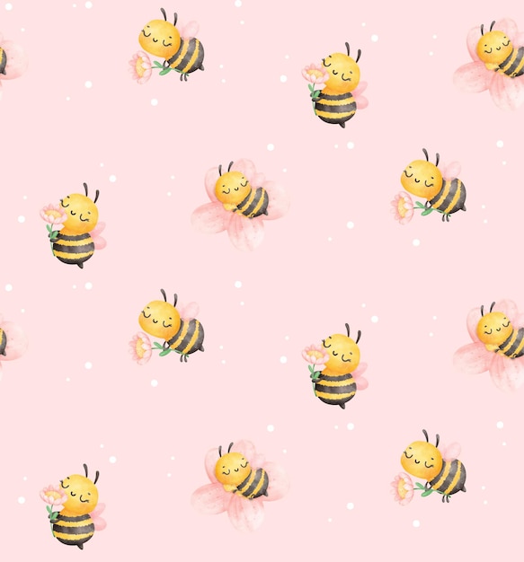 Patrón lindo abeja voladora sin costuras Dibujos animados en poses adorables en fondo rosa Kawaii Dibujo de animales