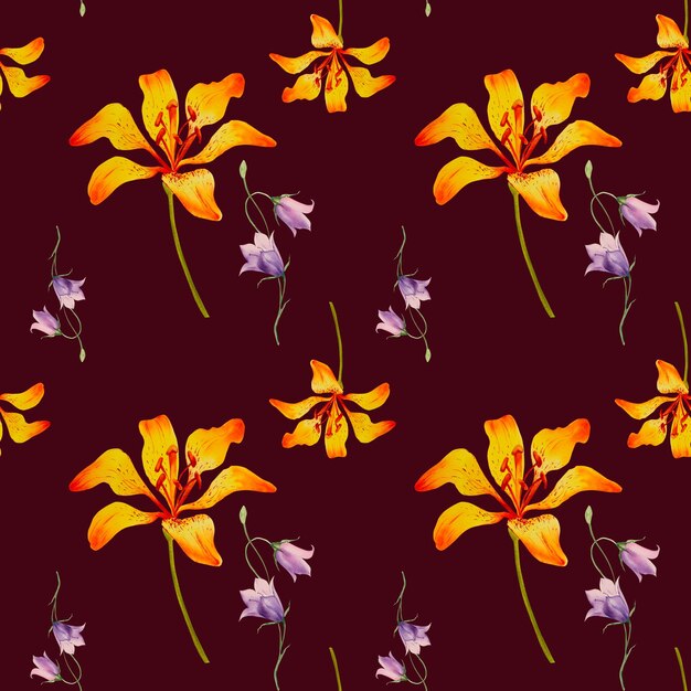Un patrón de lirios y campanillas Ilustración acuarela Textil Ilustración botánica