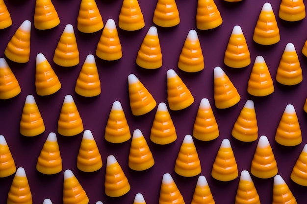 Patrón de maíz de caramelo en fondo púrpura para Halloween generado por la IA
