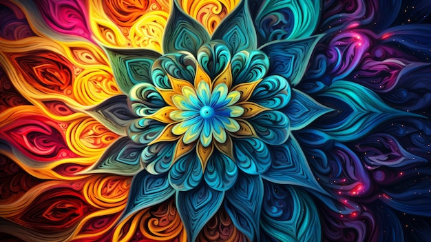 Patrón de mandala fractal hipnótico en colores de neón como ilustración de fondo