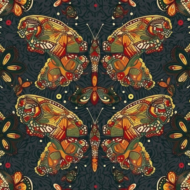 un patrón de mariposa colorido con detalles ornamentales sobre un fondo oscuro ai generativo