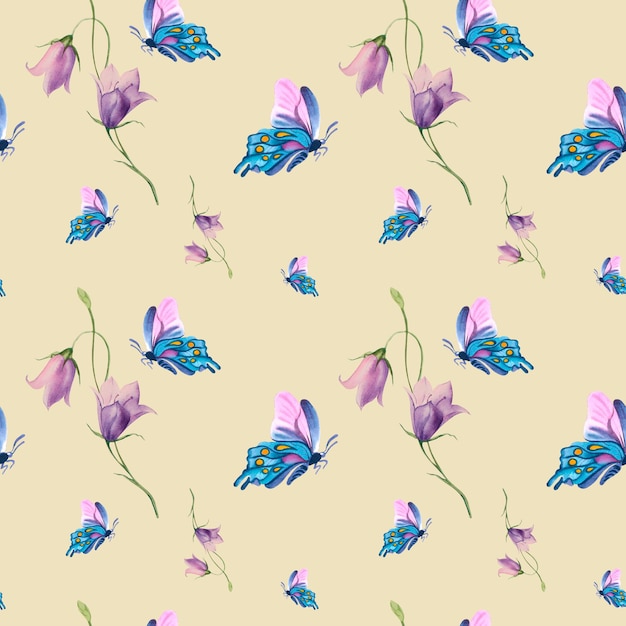 Un patrón de mariposas y flores Collage Mosaico Ilustración de acuarela Patrón de primavera Embalaje de textiles