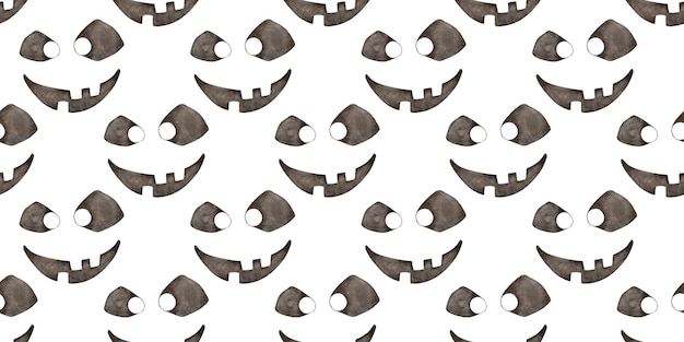 Patrón de máscara sonriente negra para la decoración de la fiesta de Halloween Ilustración en acuarela Cara enojada aislada del fondo Diseño conceptual para carteles de cartelera Bandera ropa papel tapiz papel de envolver