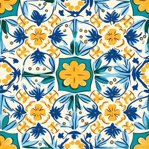 Un patrón de mosaico colorido con flores amarillas y azules.