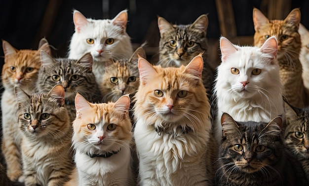 Foto un patrón de muchas cabezas de gatos mirándome en el marco gatos peludos de rayas rojas blancas generados por la ia