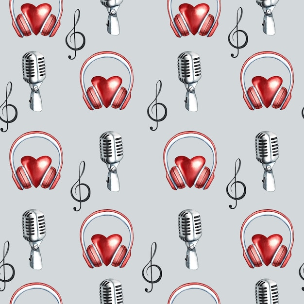 Un patrón musical sin costuras con corazones en auriculares La ilustración de acuarela está hecha a mano