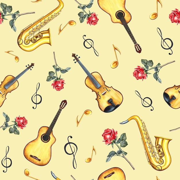 El patrón musical sin costuras con instrumentos musicales La ilustración en acuarela está hecha a mano