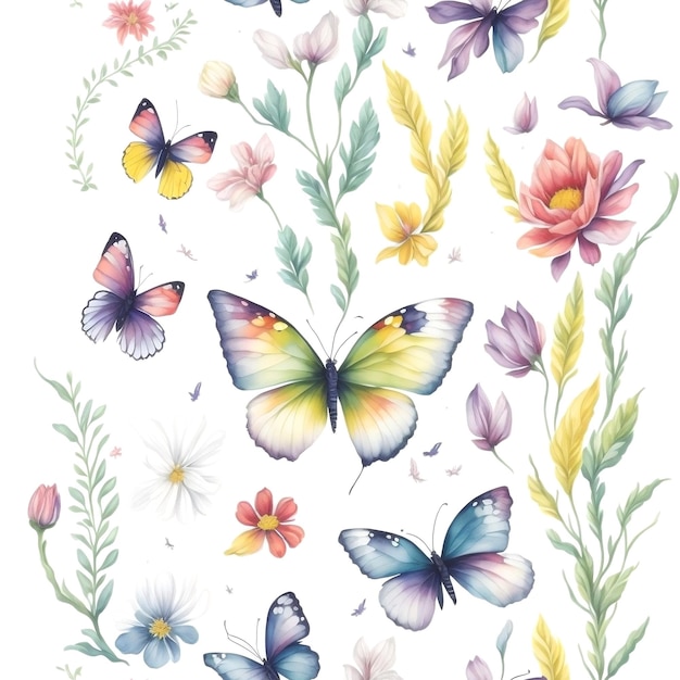 Patrón natural de acuarela transparente de mariposas con elementos florales y herbales Ai arte generativo
