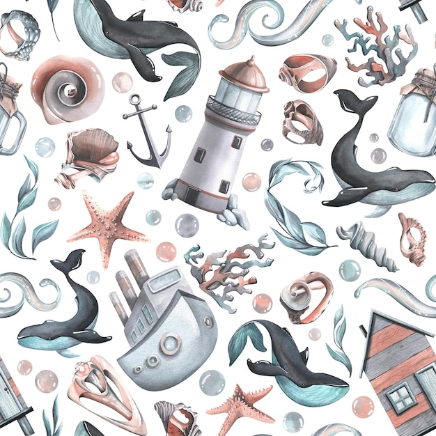 Patrón náutico sin costuras con conchas de faros de ballenas y un vapor Ilustración de acuarela dibujada a mano aislada sobre fondo blanco Para papel de regalo de papel tapiz textil de tela