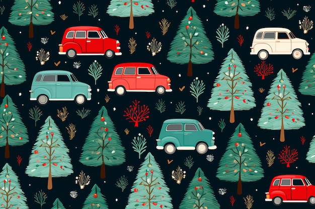 Patrón de Navidad de año nuevo de coches de juguete y árboles de Navidad Fondo de pantalla AI generado