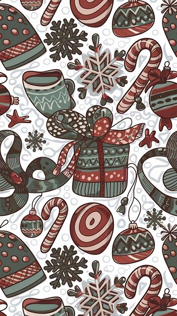 Patrón de Navidad sin costuras con elementos acogedores de invierno bonitos en un fondo blanco estilo de dibujos animados