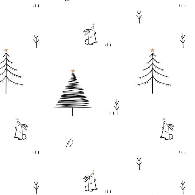 El patrón de Navidad de fondo png lindo conejo de invierno garabateado en negro