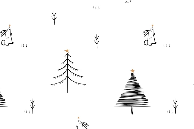El patrón de Navidad de fondo png lindo conejo de invierno garabateado en negro