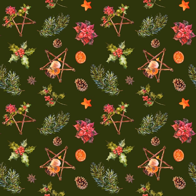 Patrón navideño sin costuras con estrellas de madera, bayas de acebo, especias secas de naranja y ramas de pino.