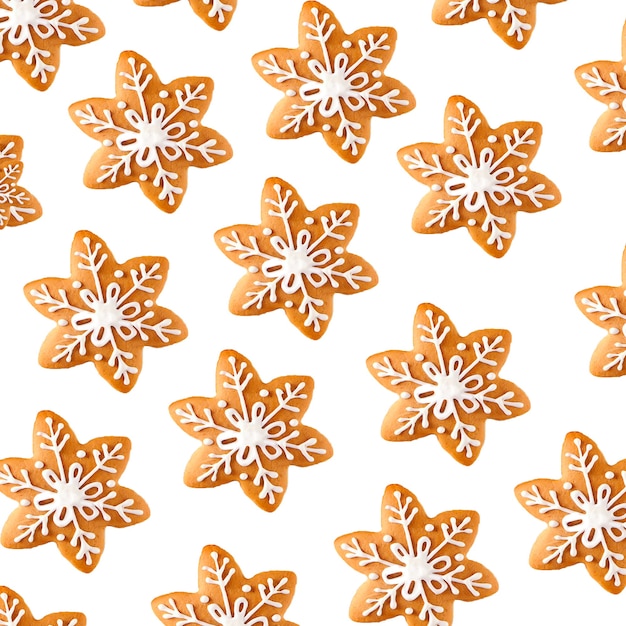 Patrón navideño con galletas de jengibre en forma de copos de nieve