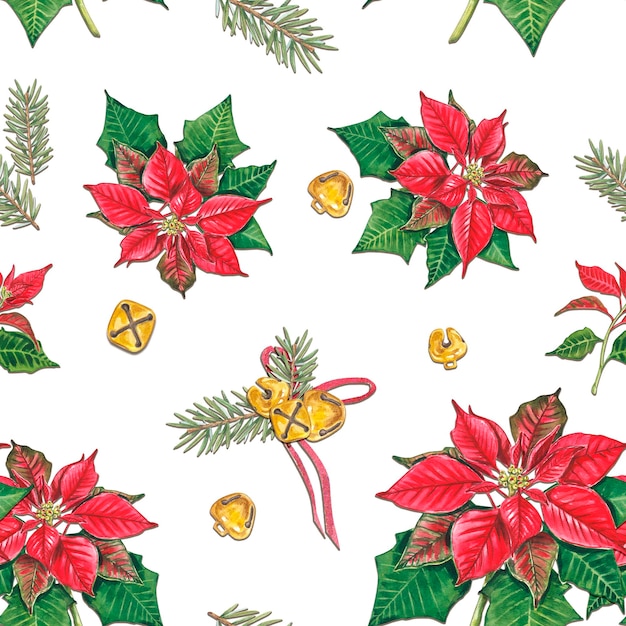 Patrón navideño con poinsettia y ramas de abeto. Ilustración en acuarela con motivo navideño