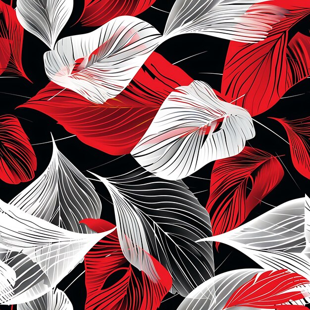 un patrón negro y blanco con flores y hojas rojas