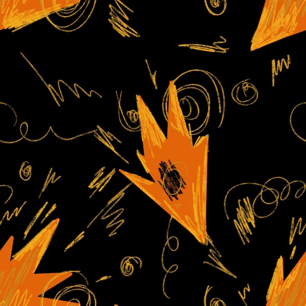 Patrón negro dinámico de fuego naranja abstracto Una ilustración digital Textura dibujada a mano y aislado