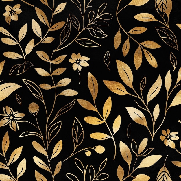 patrón negro y dorado con hojas y flores generadas ai