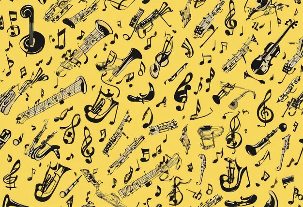 Un patrón con notas musicales e instrumentos en un fondo amarillo