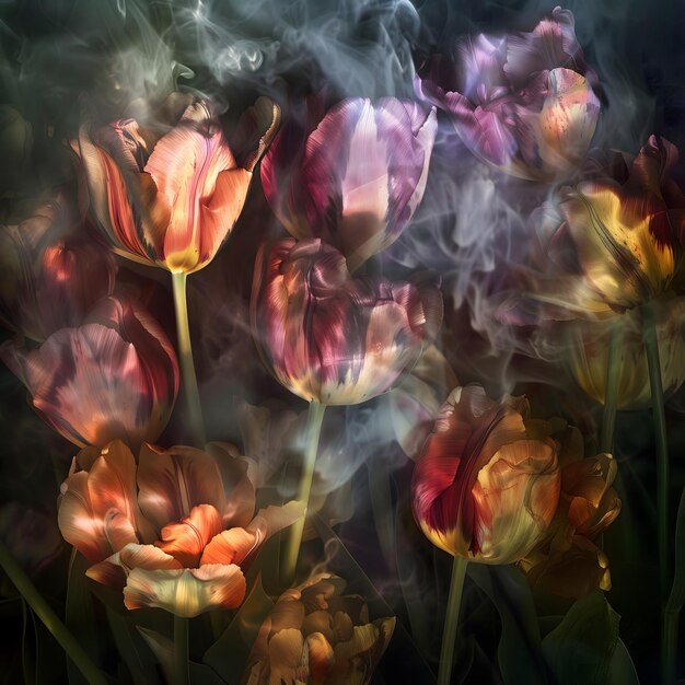 Foto un patrón nublado de tulipanes que emite el aroma de los recuerdos de la primavera