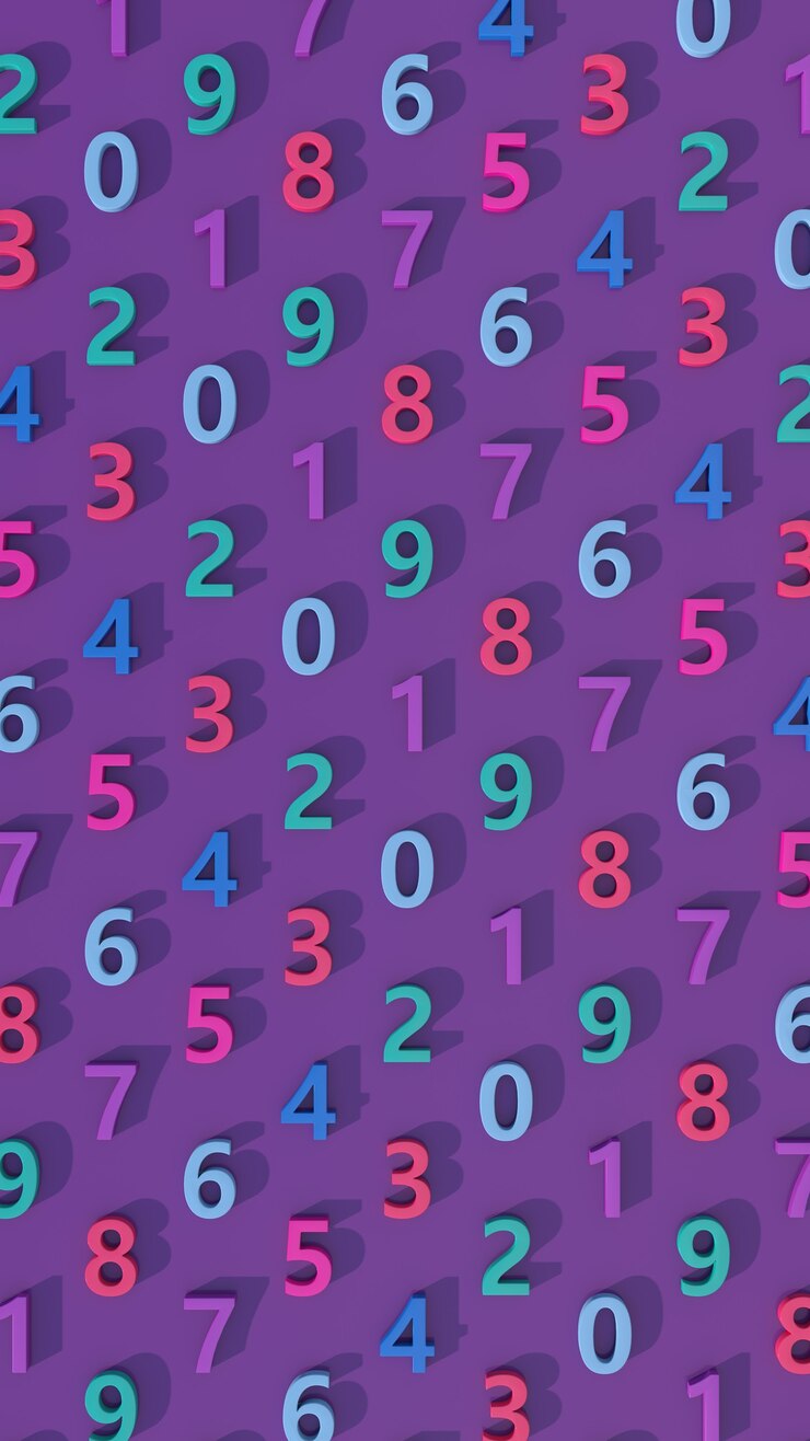 Foto patrón de números coloridos. fondo morado. ilustración vertical abstracta, render 3d.