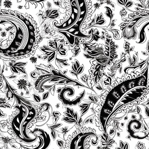 un patrón de paisley blanco y negro con flores y hojas generativas ai