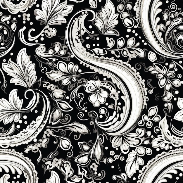 un patrón de paisley blanco y negro con remolinos y hojas generativas ai