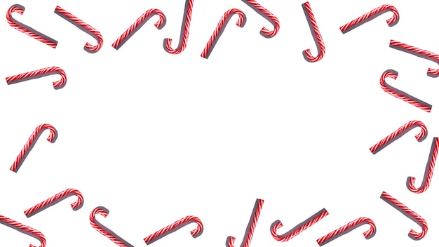 Un patrón de paletas blancas y rojas aisladas en un fondo blanco con un lugar para insertar texto. Bastón de caramelo tradicional de Navidad. copia espacio