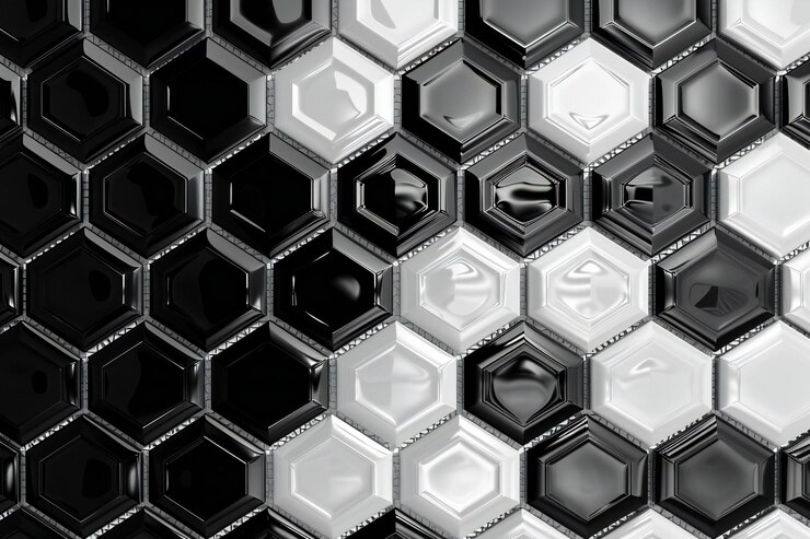 El patrón de panal negro y blanco de los azulejos hexagonales, el fondo del azulejos, la textura del azulejo, el plástico brillante.