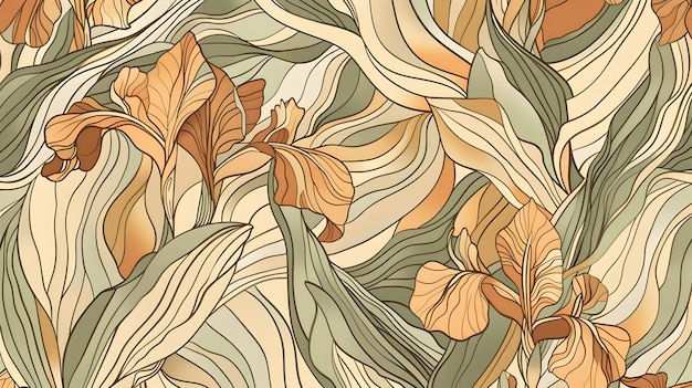 Foto patrón de papel tapiz art nouveau que muestra flores de iris estilizadas en tonos de la tierra