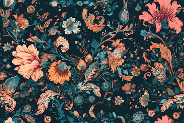 Patrón de papel tapiz floral azul y naranja vibrante con una variedad de flores diferentes IA generativa