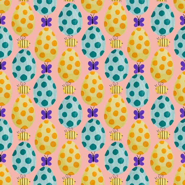 Patrón de Pascua sin costuras Textura de huevos Arte de primavera acuarela con huevos, abejas, mariposas