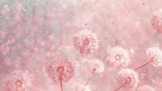 Foto patrón de pelusa floral de semilla de diente de león rosa sobre un fondo blanco sin costuras