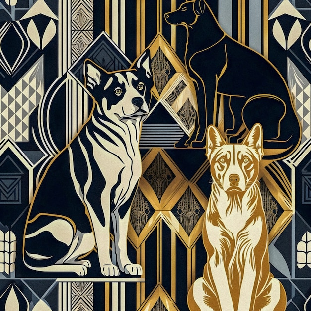 Patrón de perros y gatos de estilo Art Deco textura granular