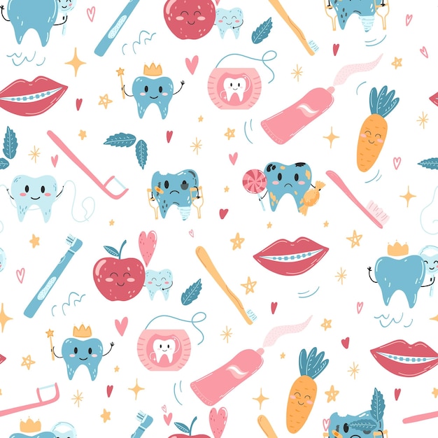 Foto patrón con personajes de dientes kawaii dibujados a mano y productos para el cuidado bucal en estilo plano de dibujos animados