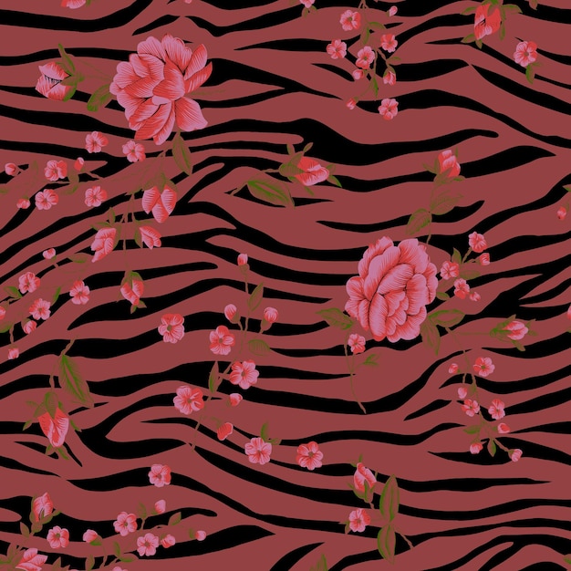 Foto patrón de piel de cebra fondo marrón con un patrón de flores rosadas